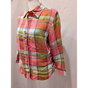 Coldwater Creek Womens Size M Button Up Blouse Long Sleeve 95% Linen Multi Plaid